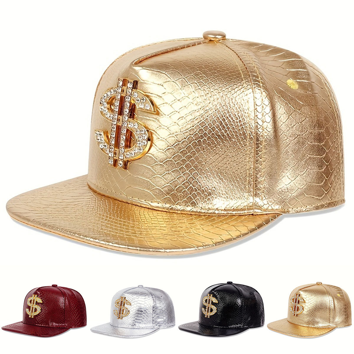 Snapback Hat Flat - Topi Bisbol Tanda Dolar Metalik Kulit